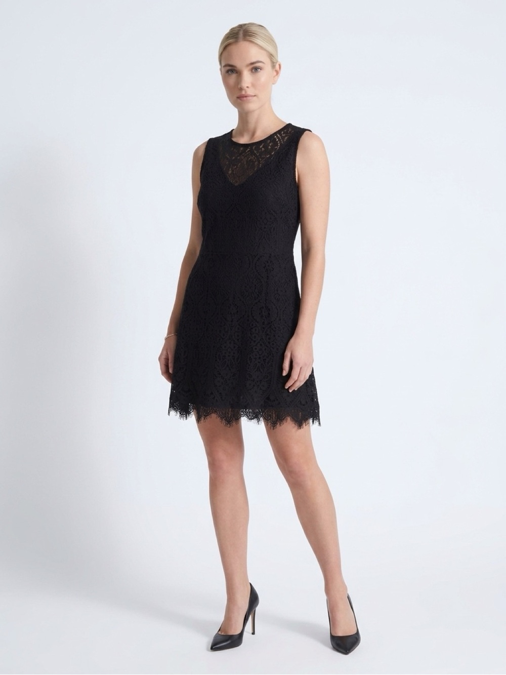 Signature Black Lace Midi Dress with Sheer Yoke